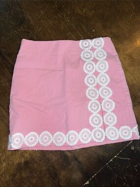 crown & ivy Pink Mini Skirt with White Floral Crochet Trim